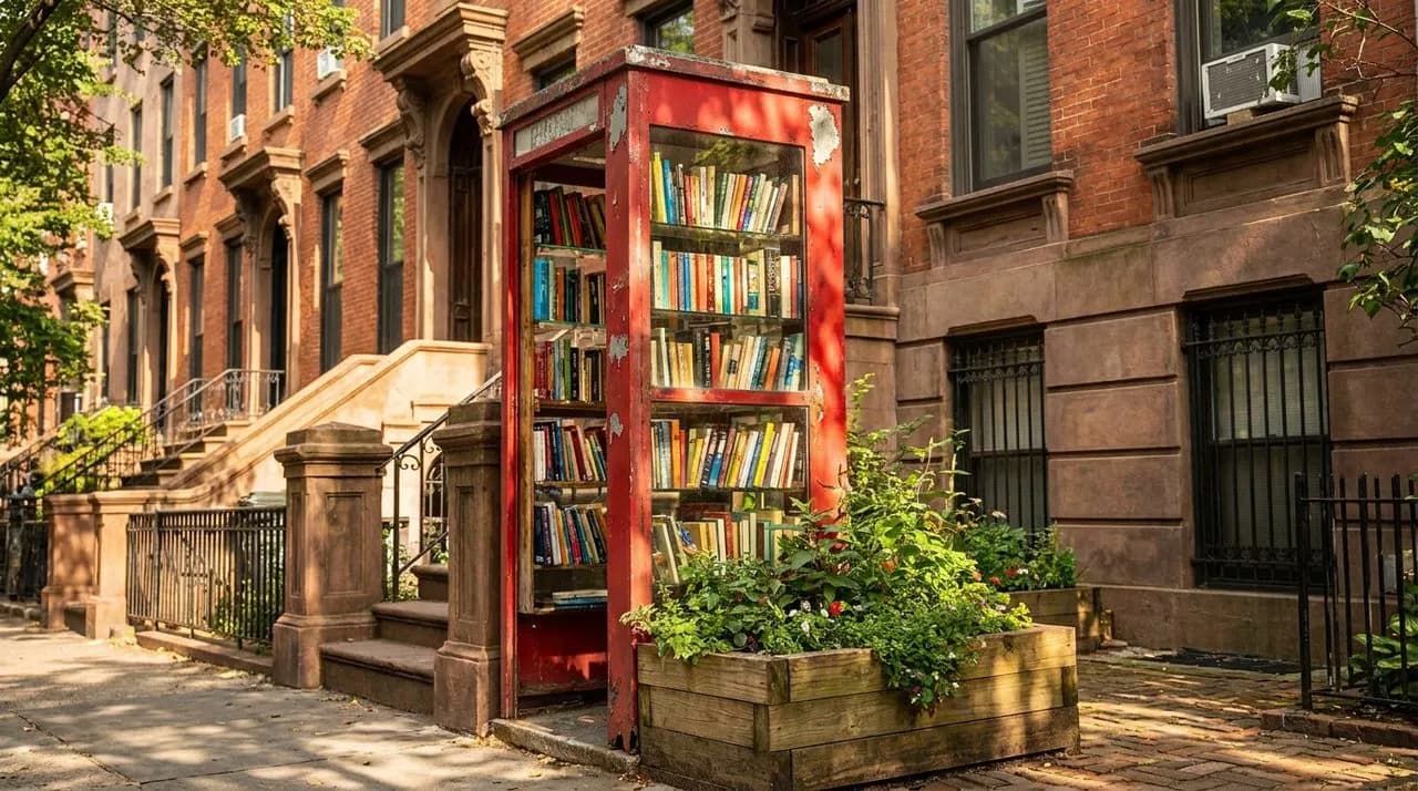 Bright sunny daytime sidewalk view of an old phone booth converted into a tiny library, vivid red paint on weathered metal frame, glass windows showing shelves of colorful book spines, surrounded by l