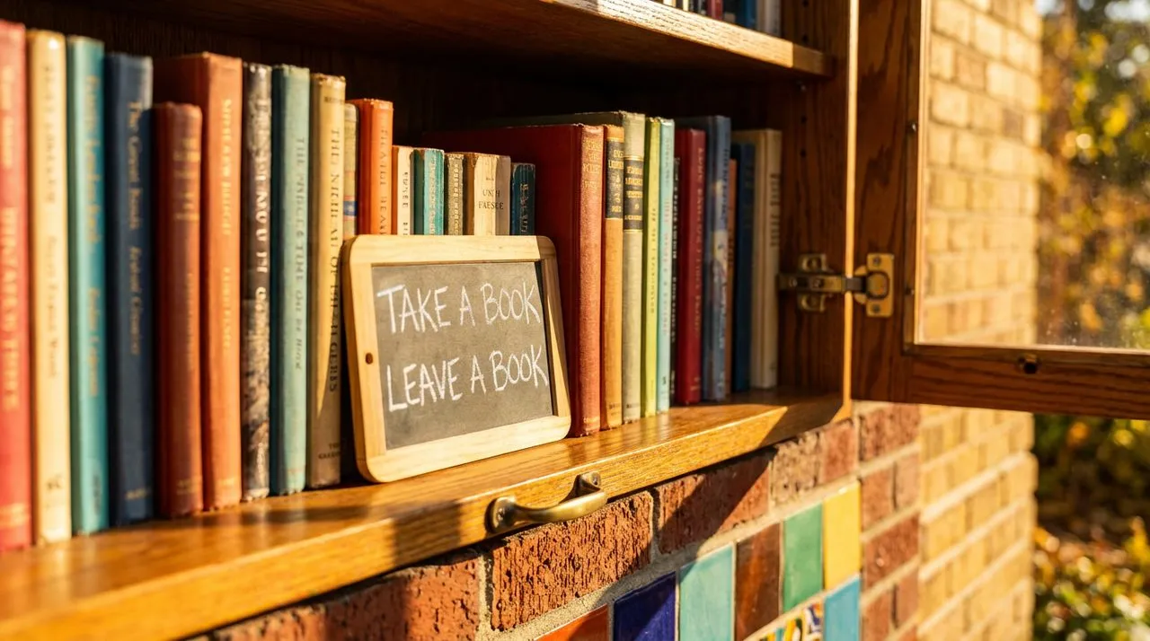 Bright sunny day extreme close-up of book spines on a sidewalk micro-library shelf, varied colorful covers, hand-written take-a-book leave-a-book chalkboard sign, polished wood shelf, golden warm ligh