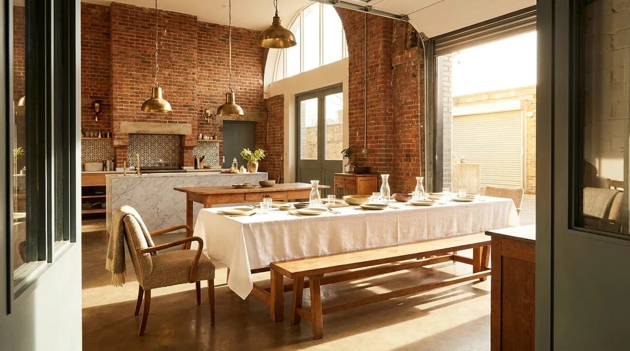 Bright sunny daytime interior of a converted Bushwick garage dining room with original red-brick walls, polished concrete floor, vintage industrial pendant lights, long communal wooden table with whit