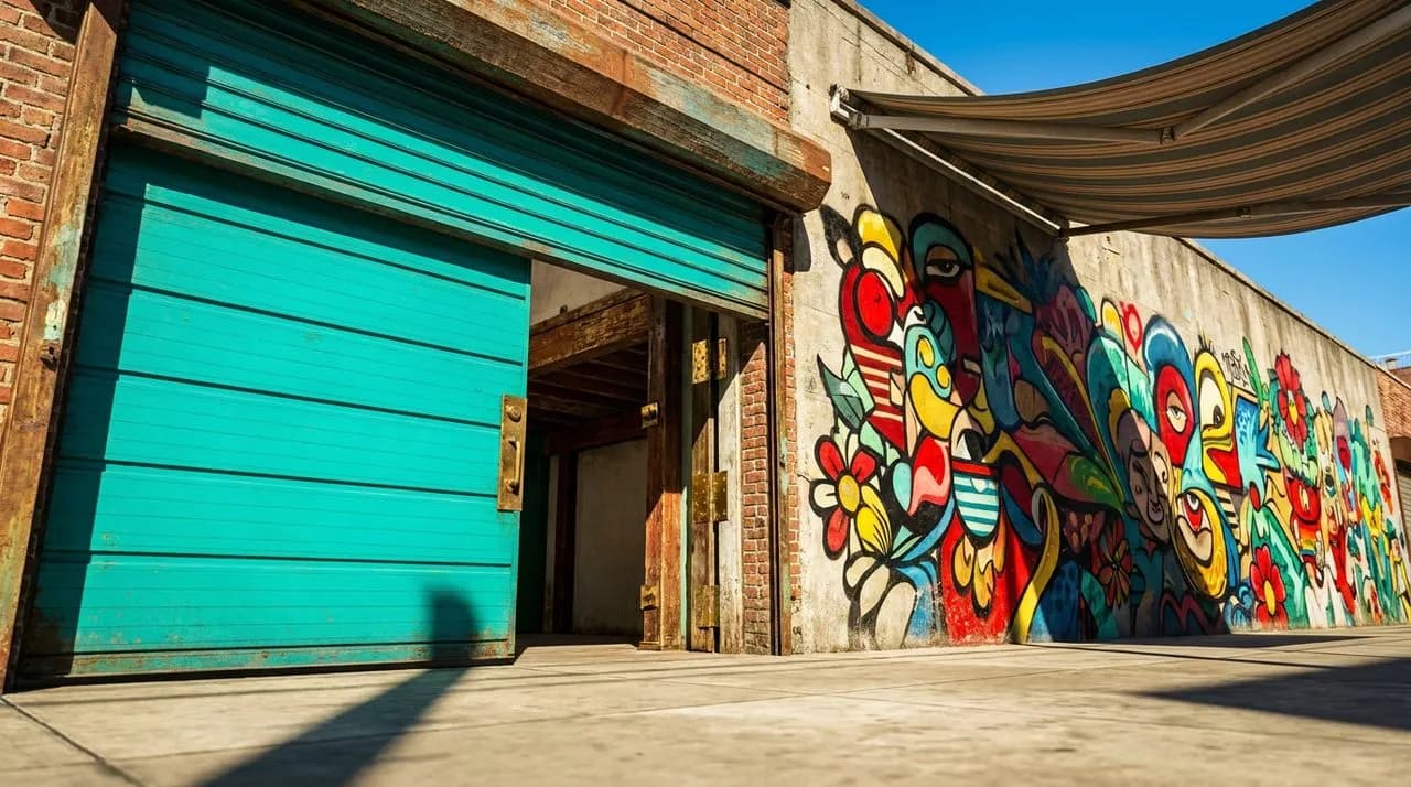 Bright sunny day exterior of a Bushwick garage facade painted vivid teal, rolling roll-up door half open, polished concrete sidewalk, graffiti-art mural on adjacent wall, vivid blue sky. No people. Ph