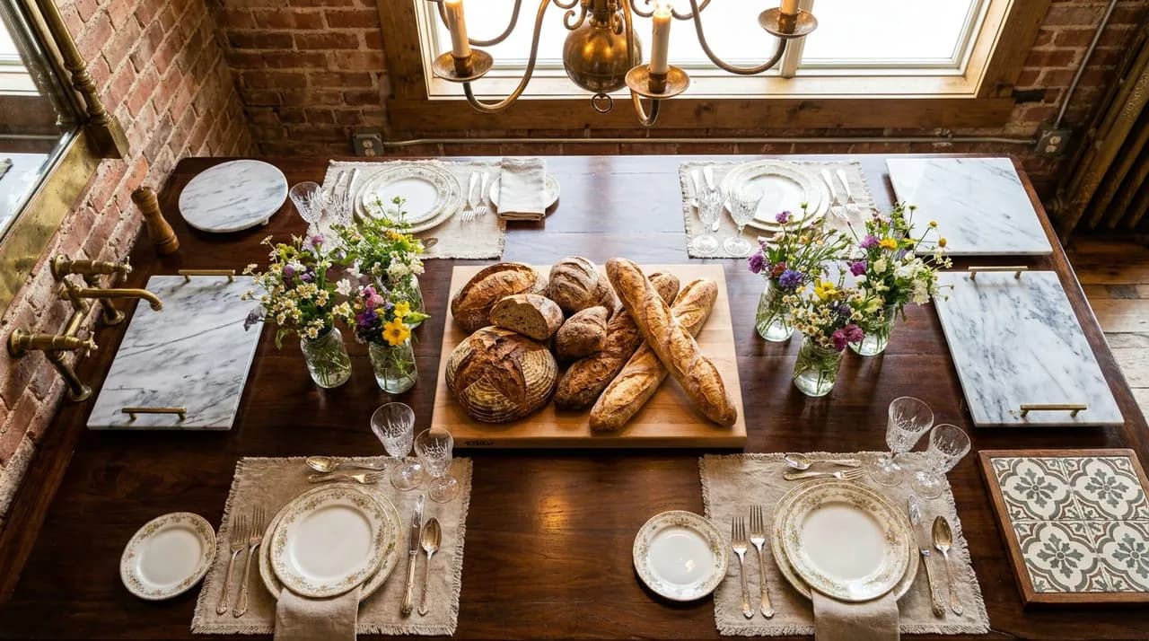 Bright daytime overhead flat-lay of an elegant chef-tasting table set with porcelain plates, vintage silverware, fresh-cut wildflowers in glass jars, varied artisanal bread on wood board, warm tungste