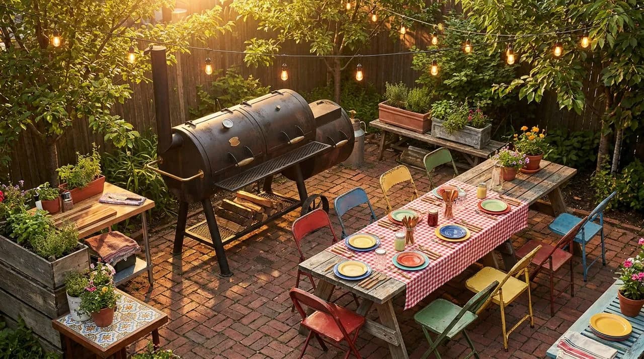 Bright sunny day Greenpoint backyard BBQ setup with a charcoal smoker, weathered red-brick patio, mismatched colorful folding chairs, picnic table with checkered cloth, string lights overhead, leafy s