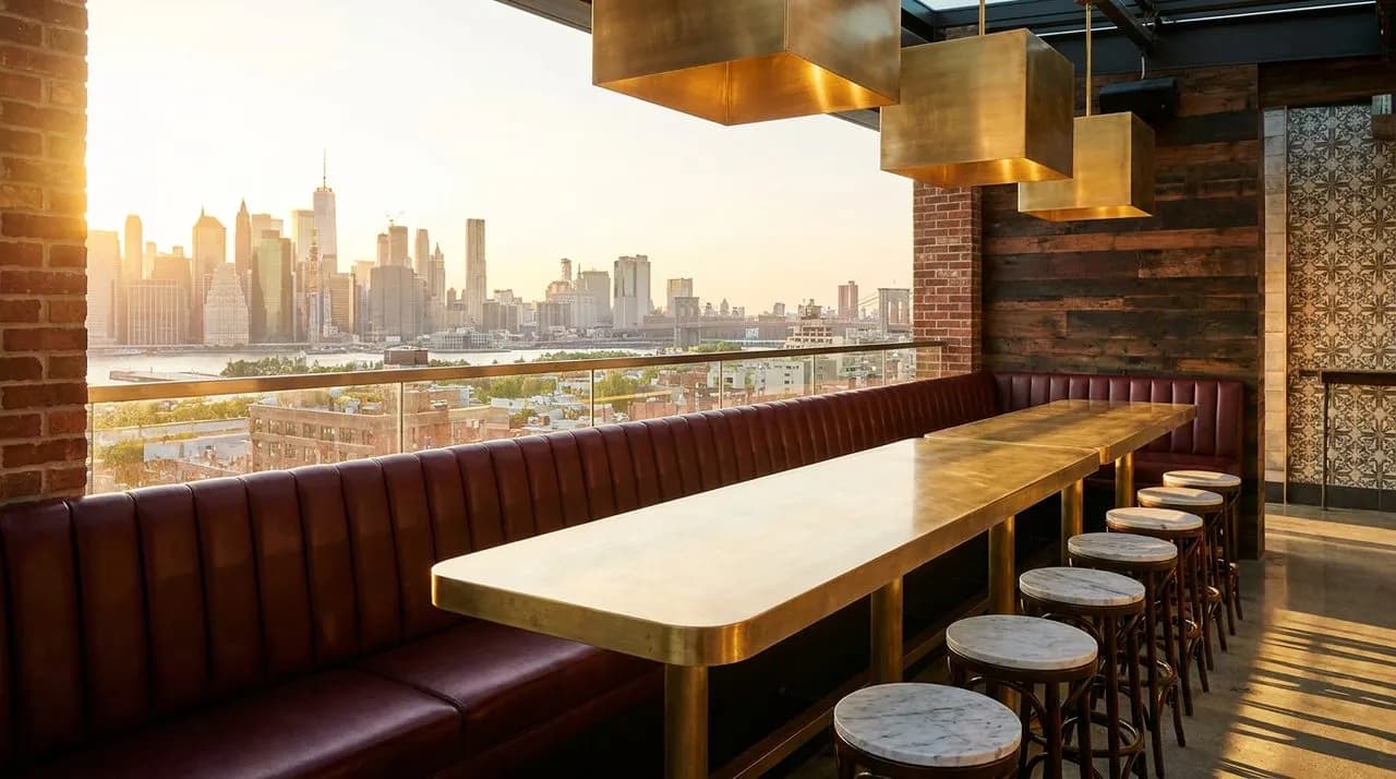 Bright sunny day interior-exterior of a rooftop bar with brushed brass cocktail tables, oxblood leather banquette, glass railing, panoramic Williamsburg skyline view, polished concrete floor. No peopl