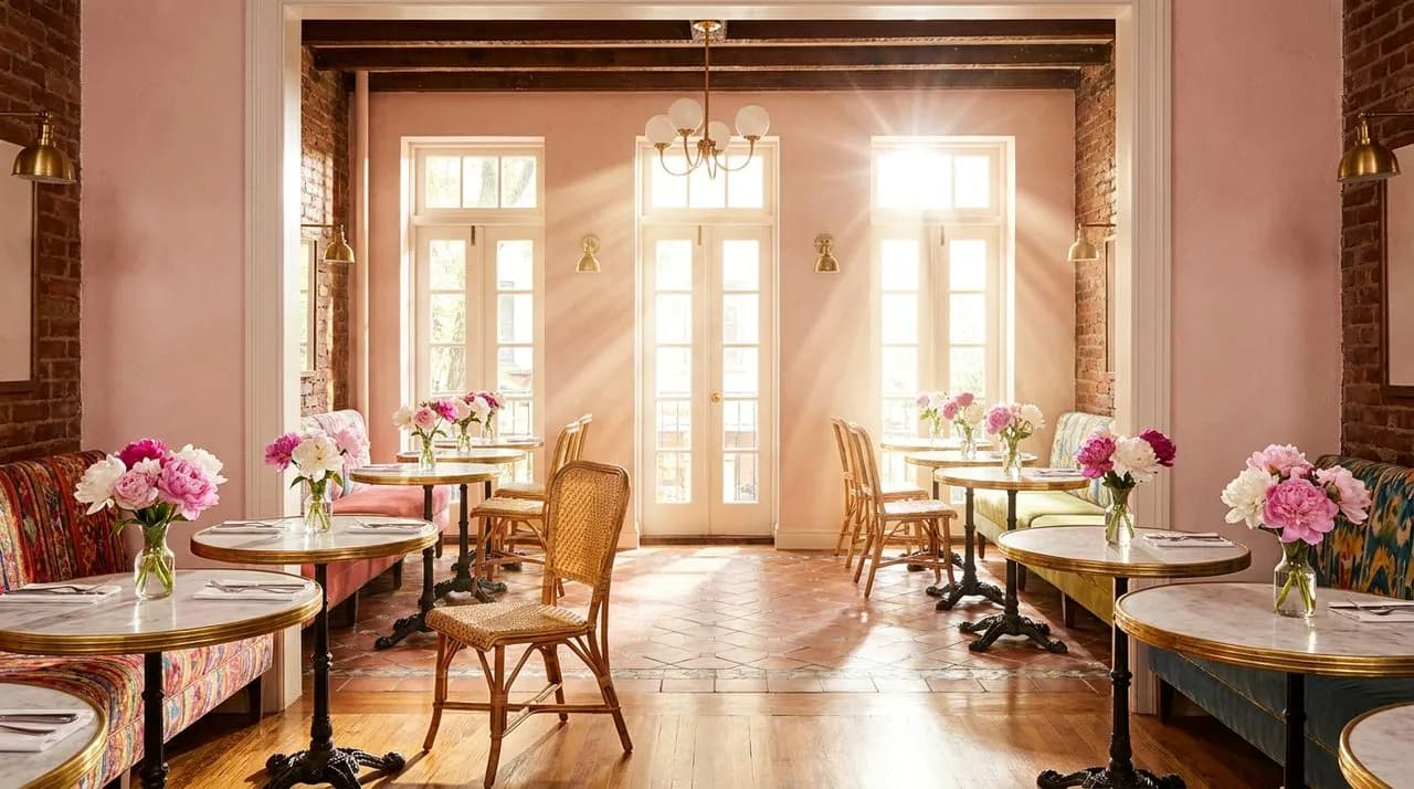 Bright sunny morning interior of a West Village brunch spot with pale pink walls, brass-rimmed marble bistro tables, sunlight pouring through tall french windows, fresh-cut peonies on tables, single e
