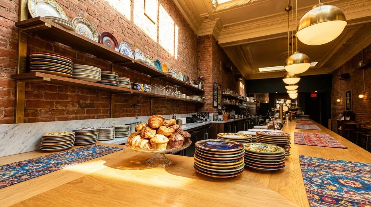 Bright sunny day Hell's Kitchen brunch counter with polished blonde wood, brass overhead pendant lights, glass cake-stand display of pastries, colorful mismatched ceramic plates on shelves, warm welco