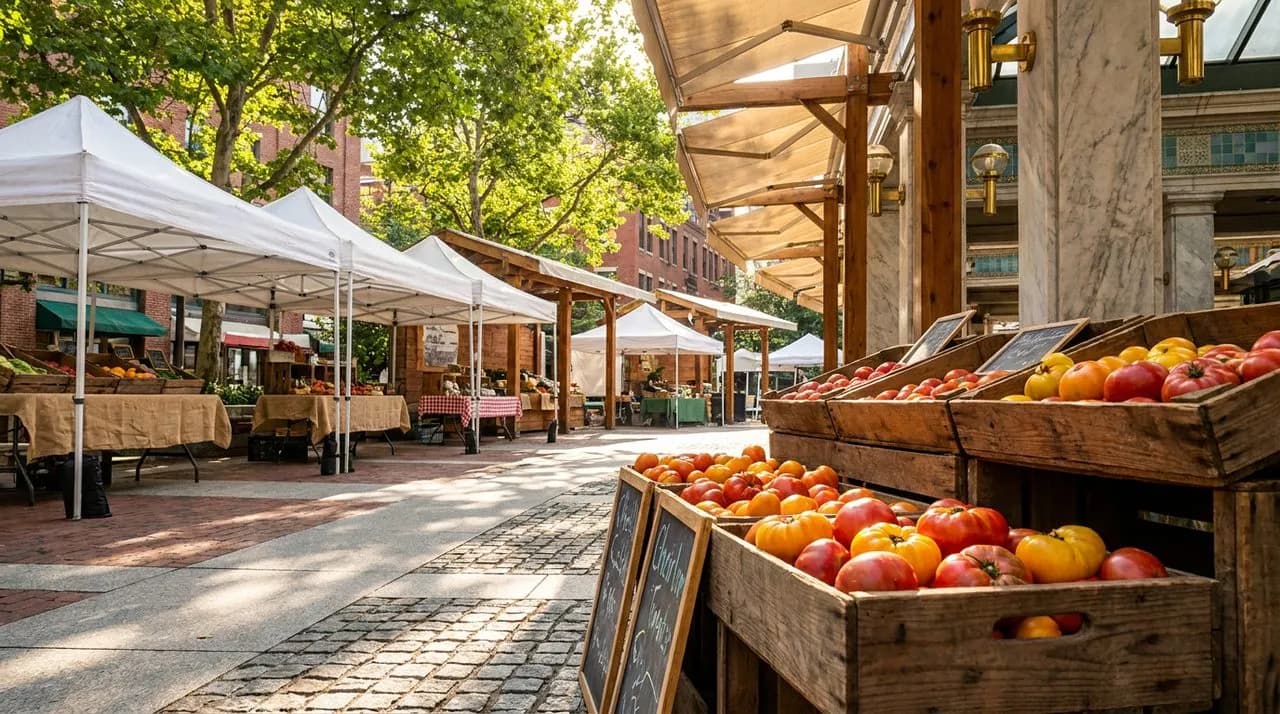 Bright sunny morning outdoor farmers market scene at Union Square with white canvas tent stalls, rustic wooden crates piled with vivid red and yellow heirloom tomatoes, chalk-written price signs, poli