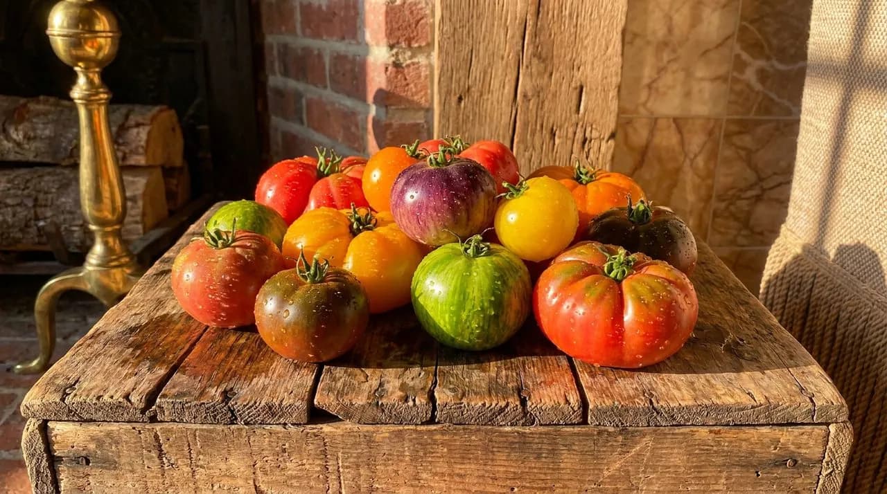 Bright sunny day extreme close-up macro of clustered heirloom tomatoes in varied colors and shapes, dewy fresh, on rustic wooden crate, golden side-light. No people. Photo-realistic editorial 16:9.
