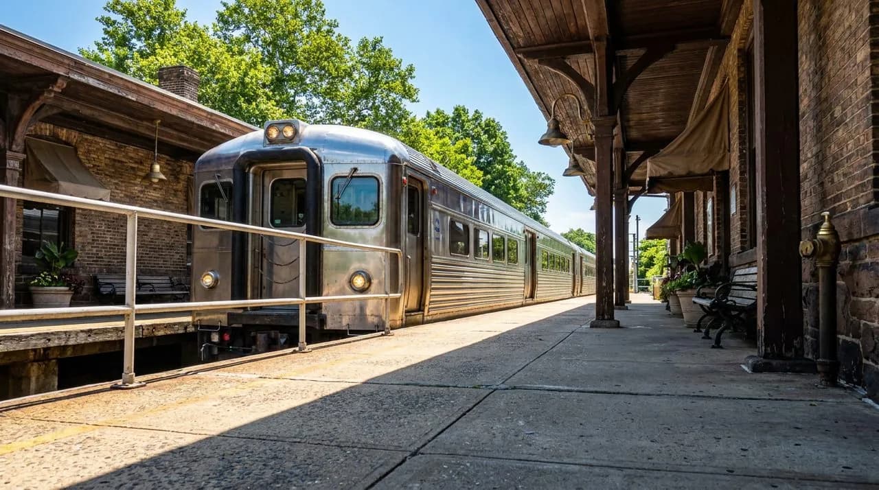 Bright sunny daytime exterior view of a vintage LIRR commuter train pulling into Long Beach station, polished stainless steel cars reflecting sun, weathered concrete platform with white-painted railin