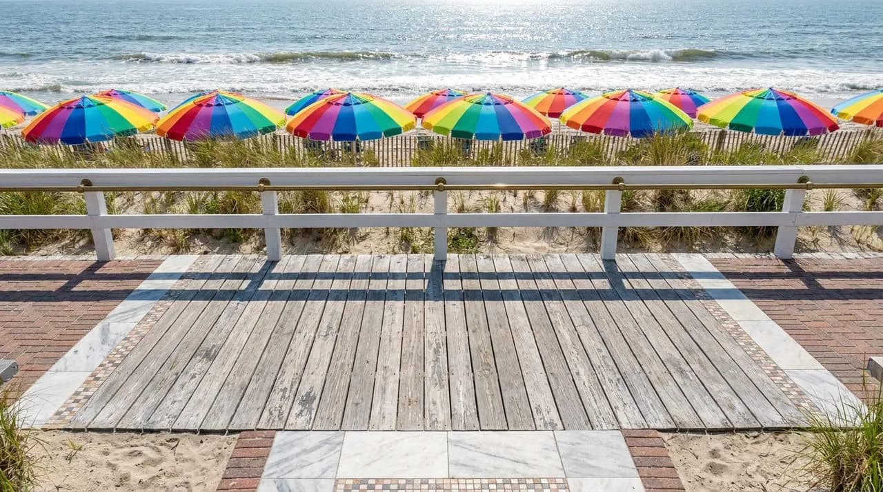 Bright sunny daytime overhead view of a Long Beach boardwalk segment with weathered grey-wood planks, white painted railing, rainbow row of beach umbrellas in distance, sparkling Atlantic, sandy dunes