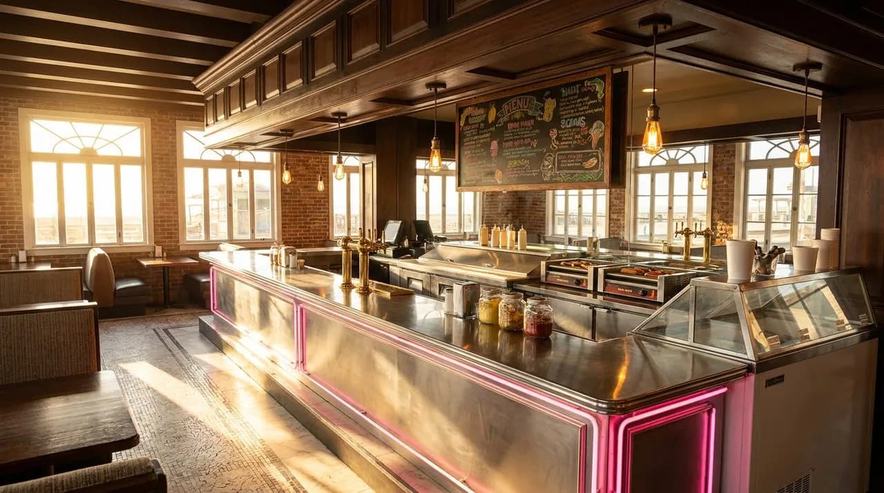Bright sunny daytime interior of an old-school Long Beach boardwalk food shack with polished stainless steel counter, neon-pink trim, hand-written chalkboard menu, warm hanging Edison-bulb pendants, h