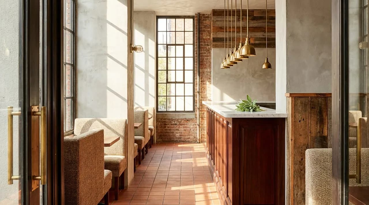 Bright daytime Lower East Side restaurant interior with light-grey concrete walls, dark mahogany counter, brass pendant lights, single fresh sprig of herb on counter, warm welcoming feel. No people. P