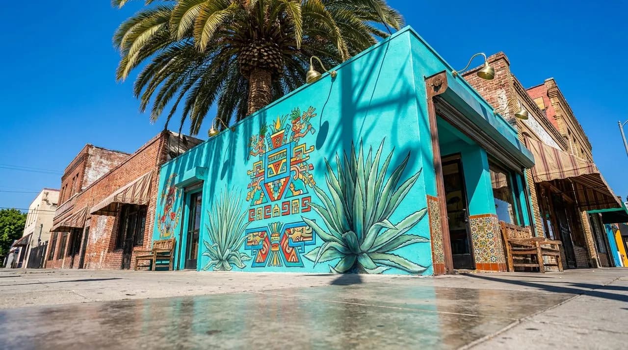 Bright sunny midday exterior of a Boyle Heights taqueria storefront with vivid turquoise-painted facade, hand-painted mural of agave and Aztec motifs, polished concrete sidewalk, leafy palm tree, vivi
