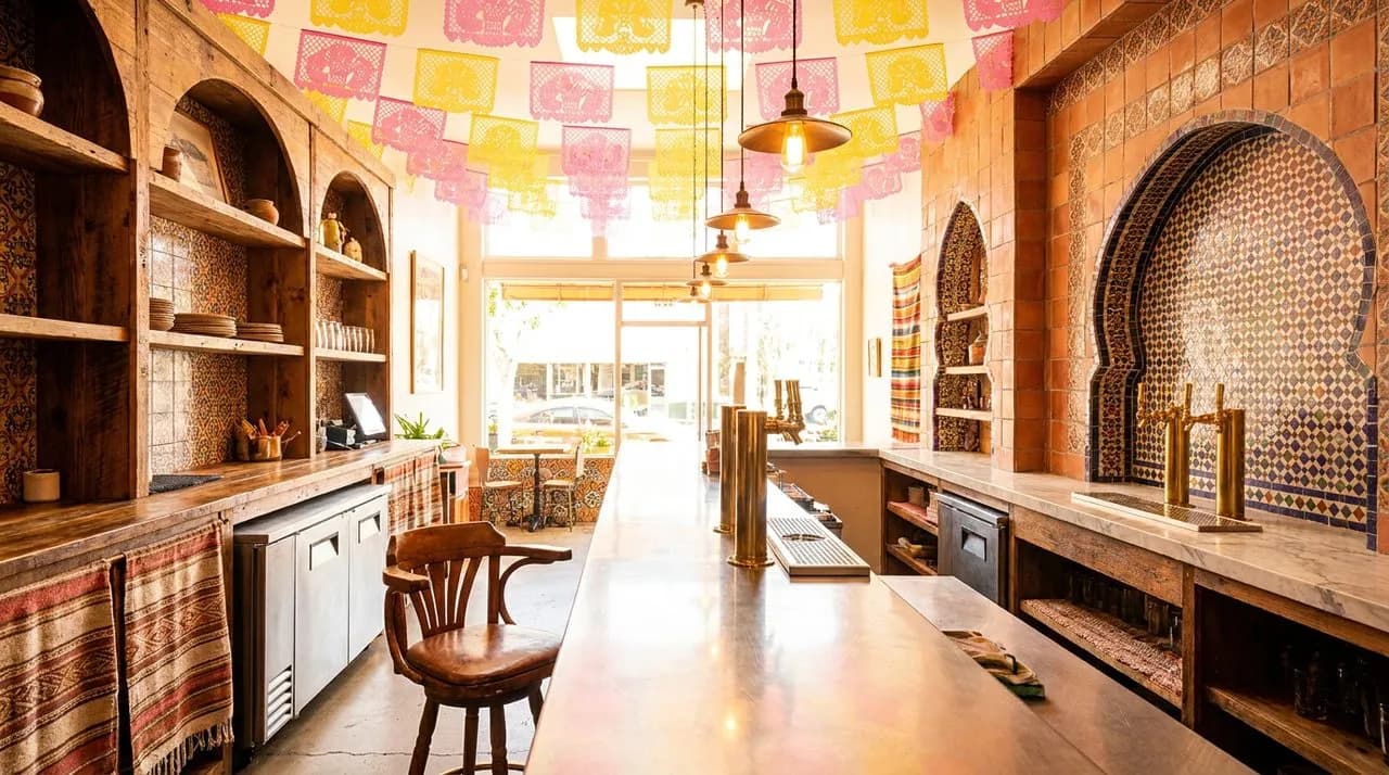Bright daytime interior of an East LA taqueria counter with vivid terracotta tile walls, polished steel counter, hanging Mexican papel picado banners in pink and yellow, single empty stool foreground,