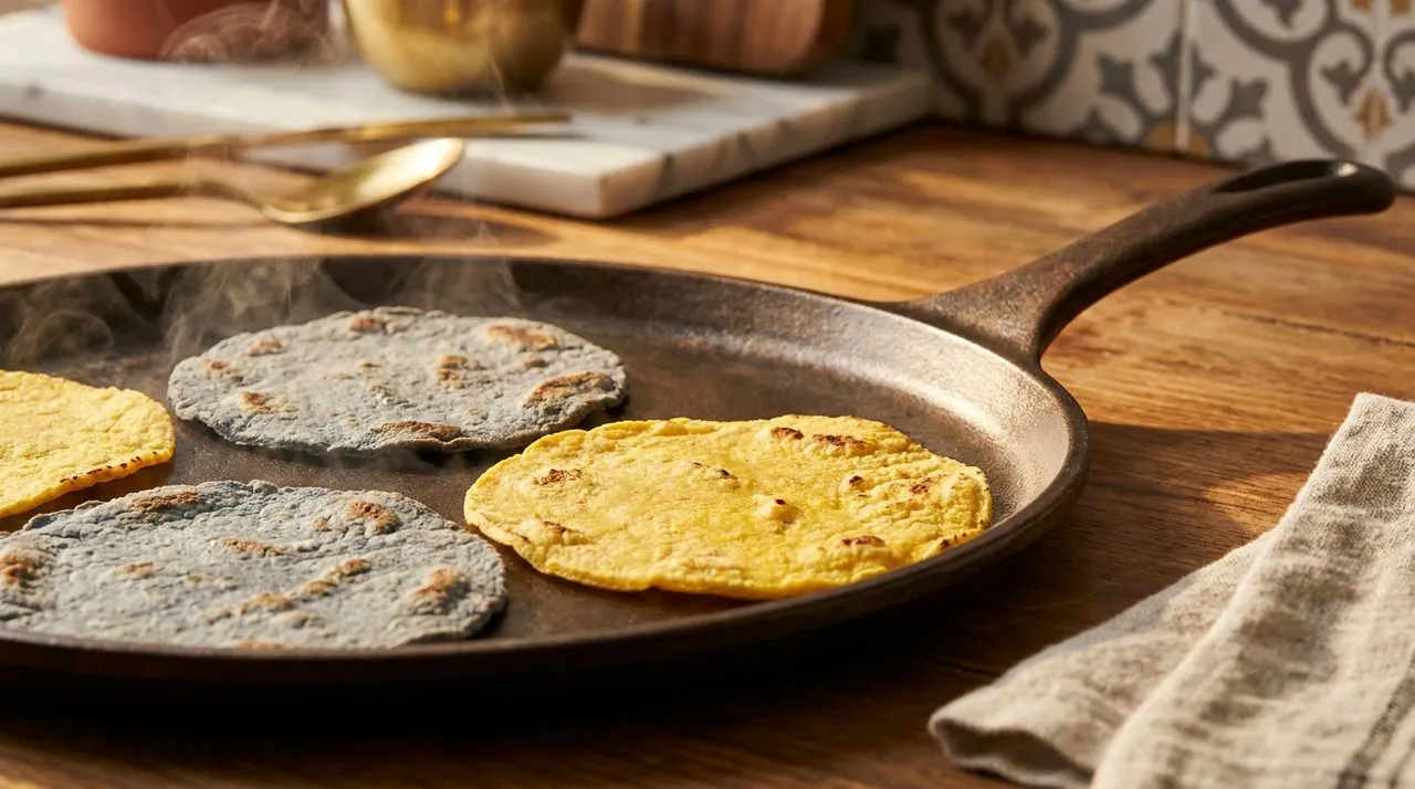 Bright sunny day extreme close-up macro of a comal griddle with handmade corn tortillas, vivid yellow and blue heirloom corn varieties, polished cast iron, generous wisp of steam. No people. Photo-rea