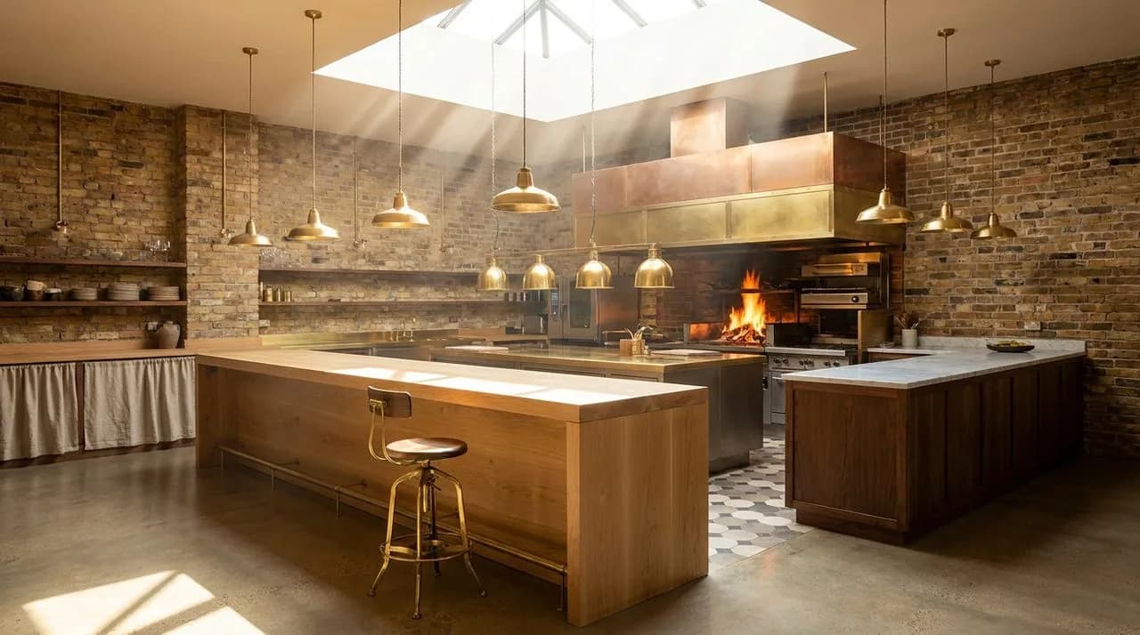 Bright sunny early-evening interior of a West Loop chef-counter restaurant with exposed-brick warehouse walls, polished concrete floor, brass overhead pendant lights, blonde wood counter, single empty