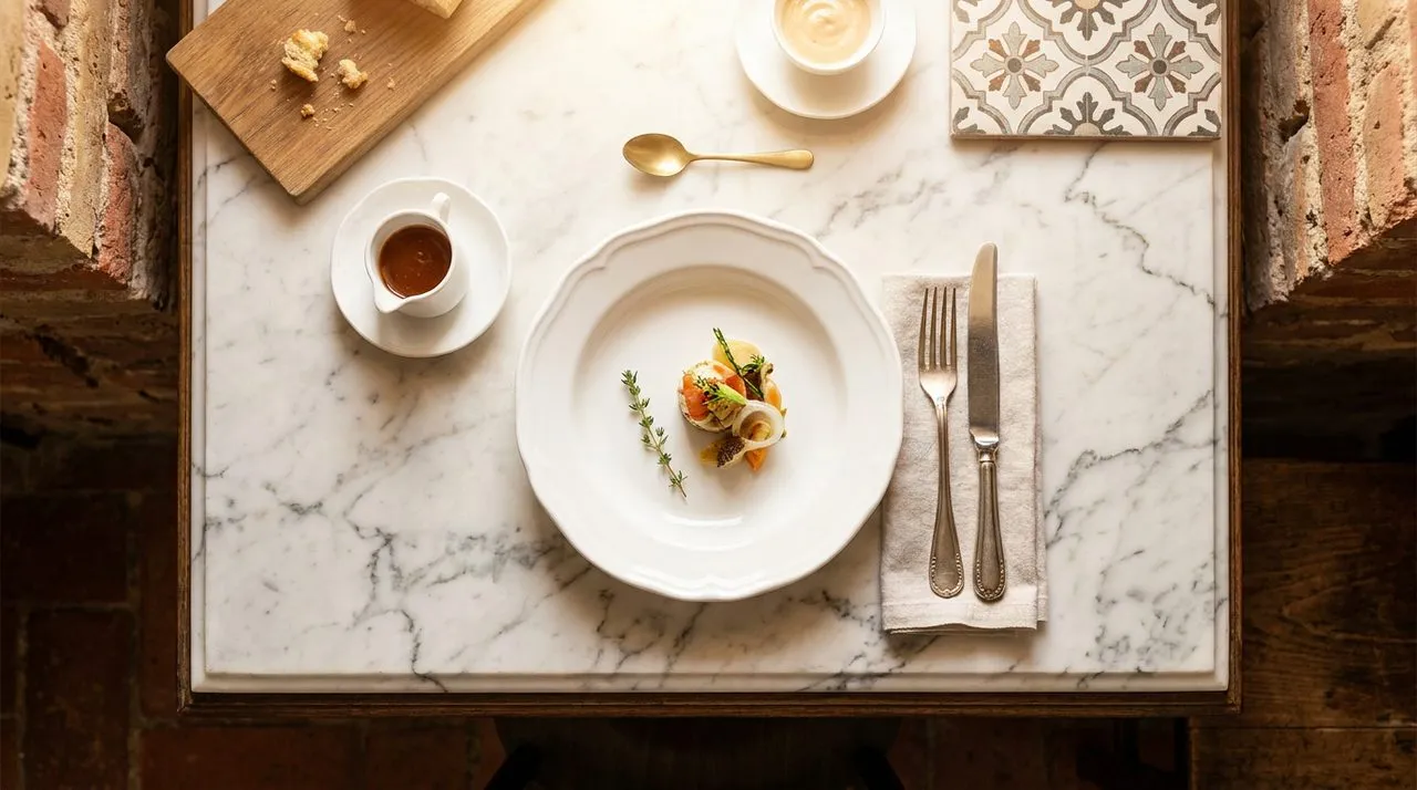 Bright daytime overhead flat-lay of a chef tasting plate setup with porcelain dishes, vintage silverware, single sprig of fresh herb, polished marble surface, soft warm light. No people. Photo-realist