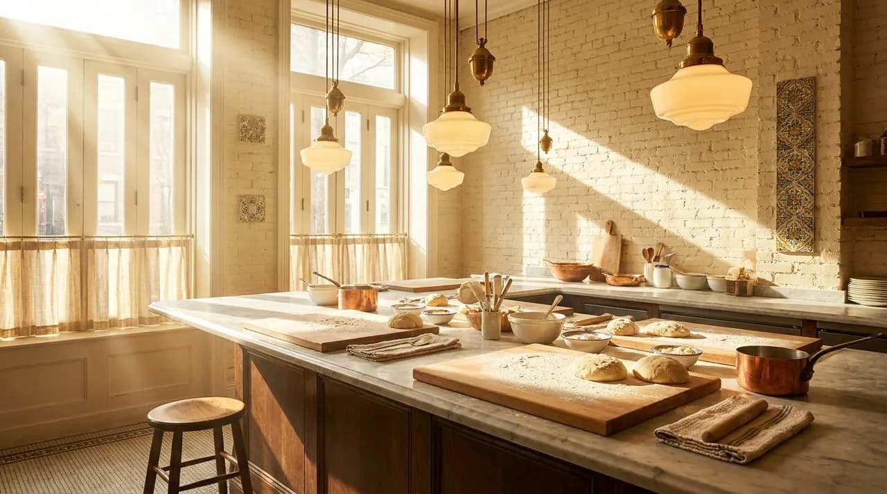 Bright sunny afternoon interior of a West Village Italian restaurant pasta counter with polished marble surface, flour-dusted wooden rolling board, brass overhead pendant lights, exposed-brick wall pa