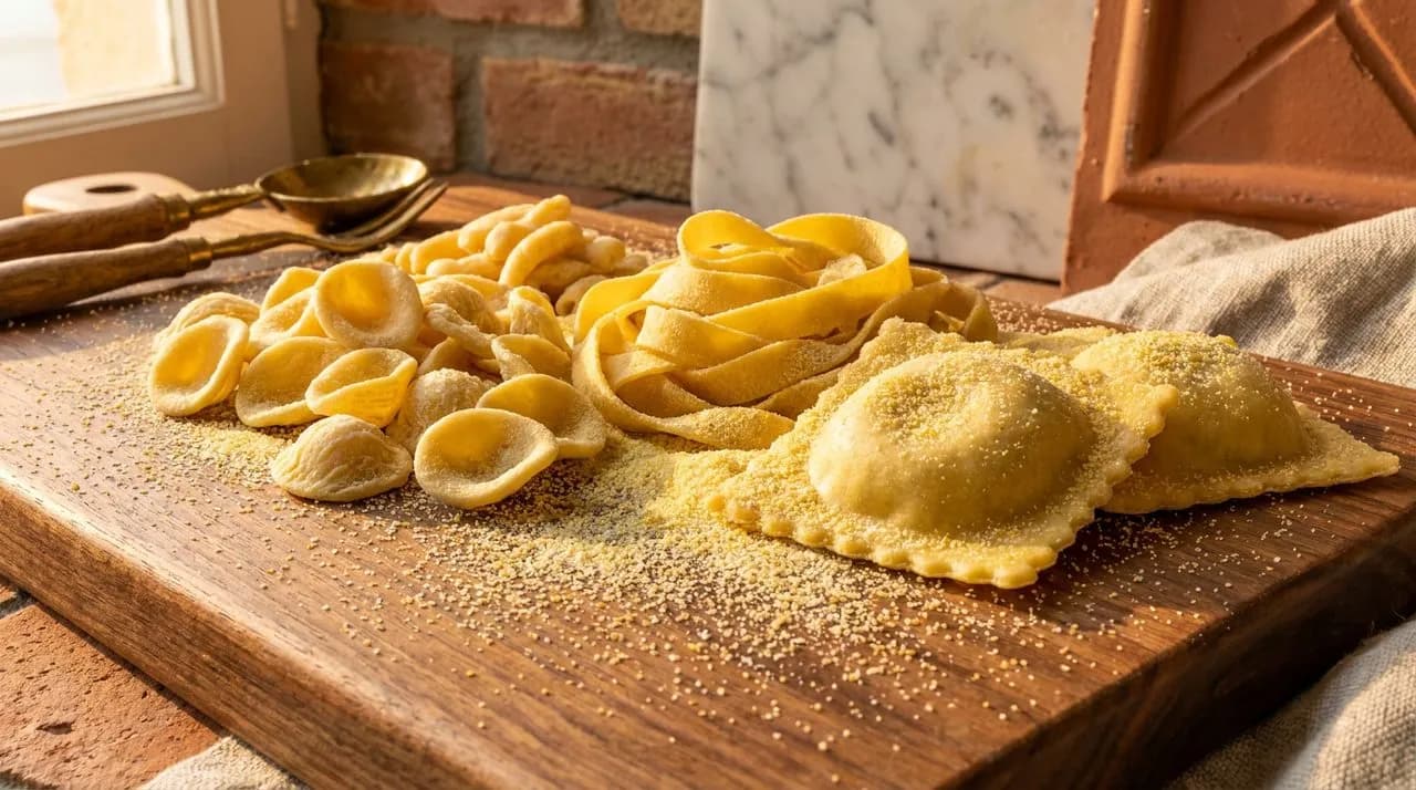 Bright daytime extreme close-up macro of fresh pasta shapes on a wooden board — orecchiette, tagliatelle, ravioli, dusted in golden semolina, polished walnut surface. No people. Photo-realistic editor