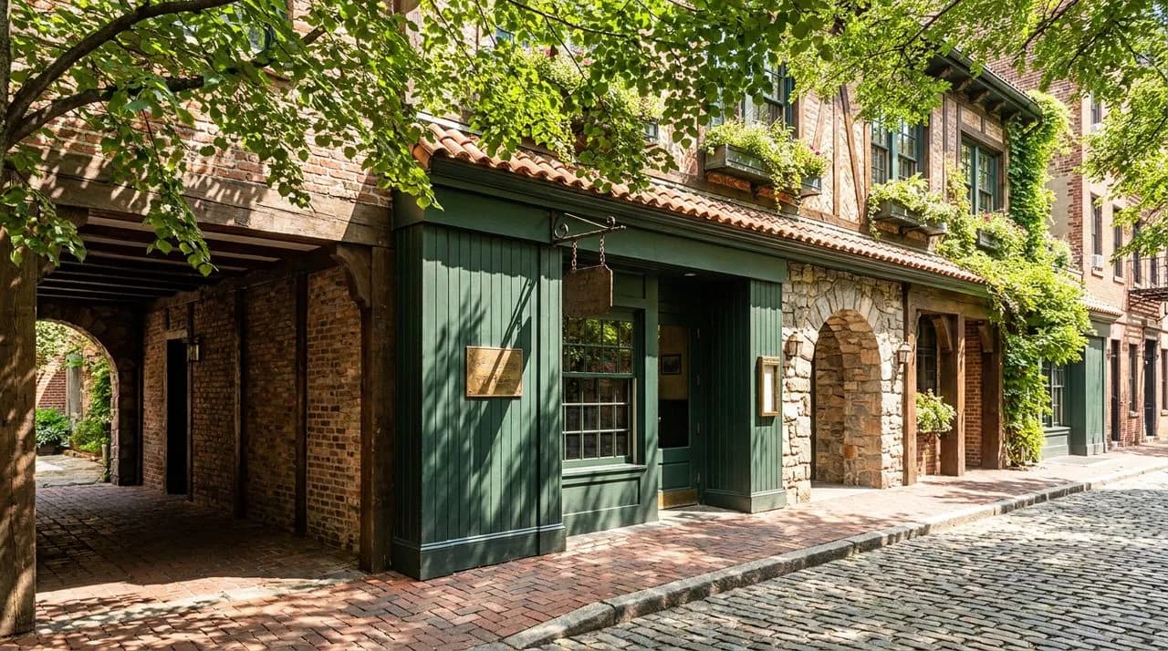 Bright sunny day exterior of a Greenwich Village trattoria storefront with hunter-green wooden facade, weathered brass plaque, leafy summer tree, polished cobblestone street, vintage hanging signage h
