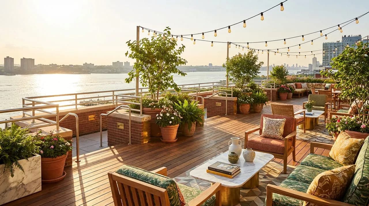 Bright sunny day exterior of a Whitney Museum-style waterfront terrace with warm wood decking, polished steel railings, panoramic Hudson River view, hanging string lights, leafy potted plants. No peop