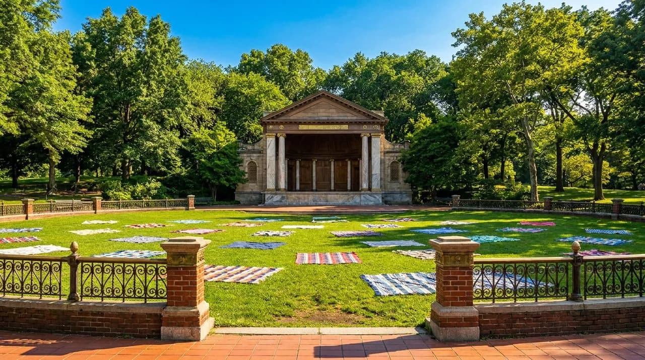 Bright sunny afternoon Central Park lawn with rolling green grass, leafy summer canopy of trees, polished bandshell architecture in background, scattered picnic blankets in foreground (no people), viv
