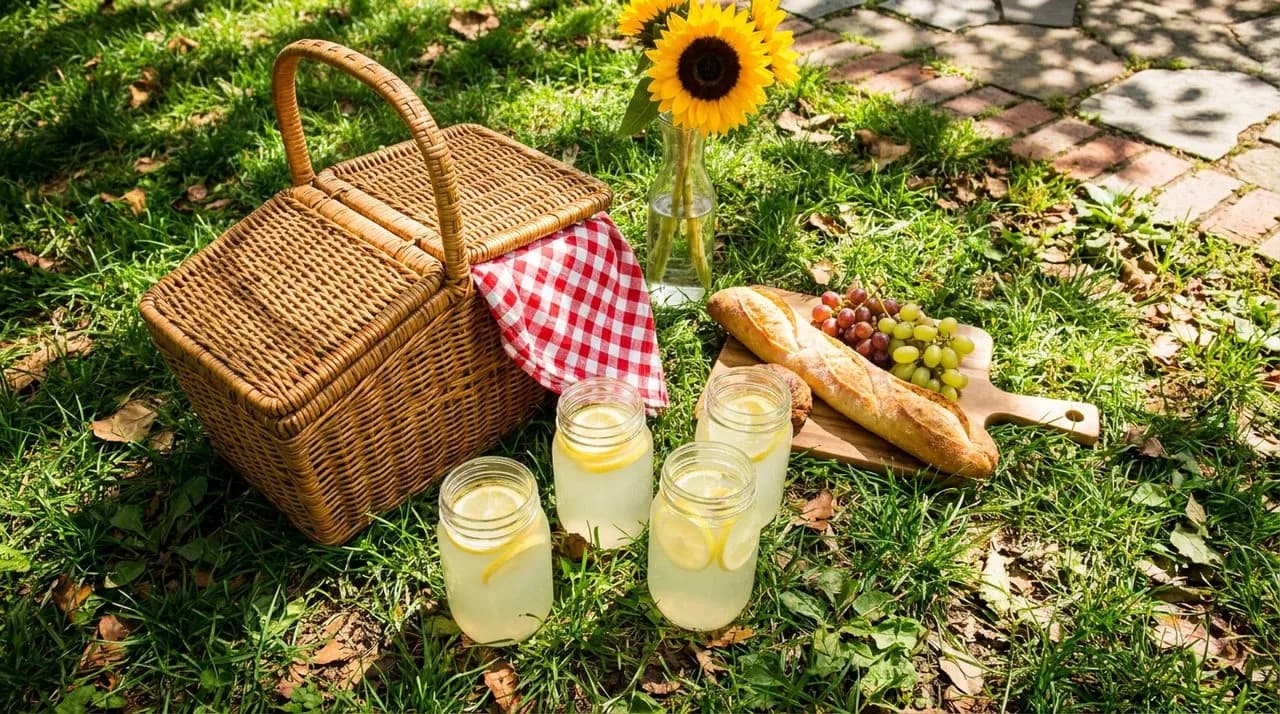 Bright daytime flat-lay overhead of a Central Park picnic setup with rattan basket, checkered red-and-white tablecloth on grass, glass jars of lemonade, baguette and grapes, single sunflower in vase. 