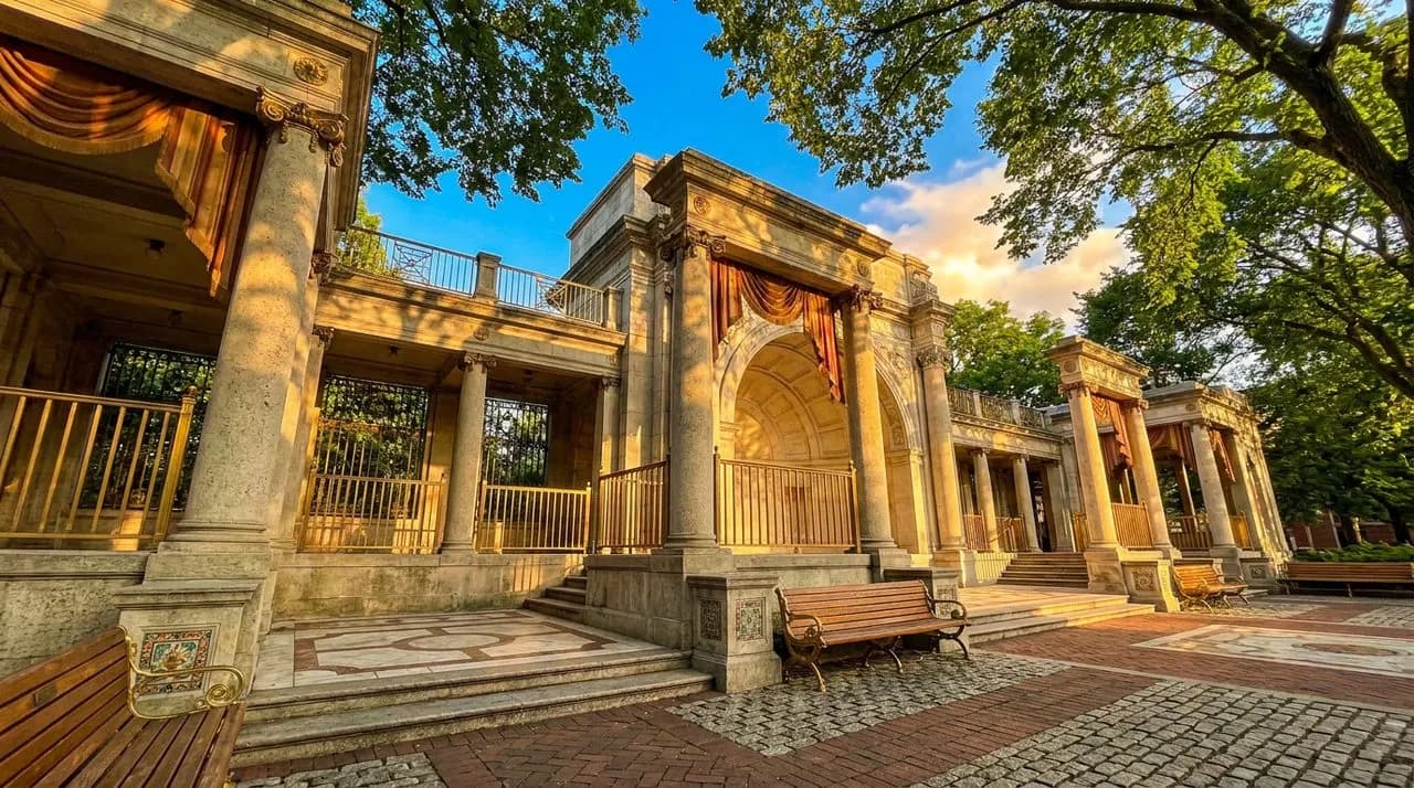 Bright sunny late-afternoon view of the historic Naumburg Bandshell architecture with limestone columns, polished bronze details, leafy elm trees framing, vivid blue sky. No people. Photo-realistic ed