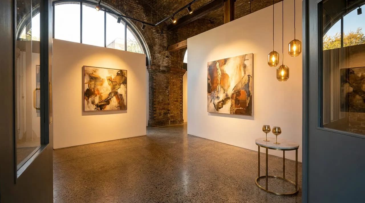 Bright early-evening interior of a Chelsea gallery space with crisp white walls, polished concrete floor, single track-lit abstract canvas on wall, brass-rim wine glasses on a marble side table, hangi