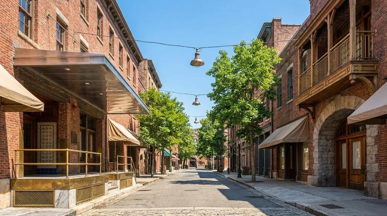 Bright sunny day Chelsea West 24th Street exterior with weathered red-brick warehouse facades, polished steel awnings, vivid blue sky, leafy summer trees, hanging vintage industrial fixtures. No peopl