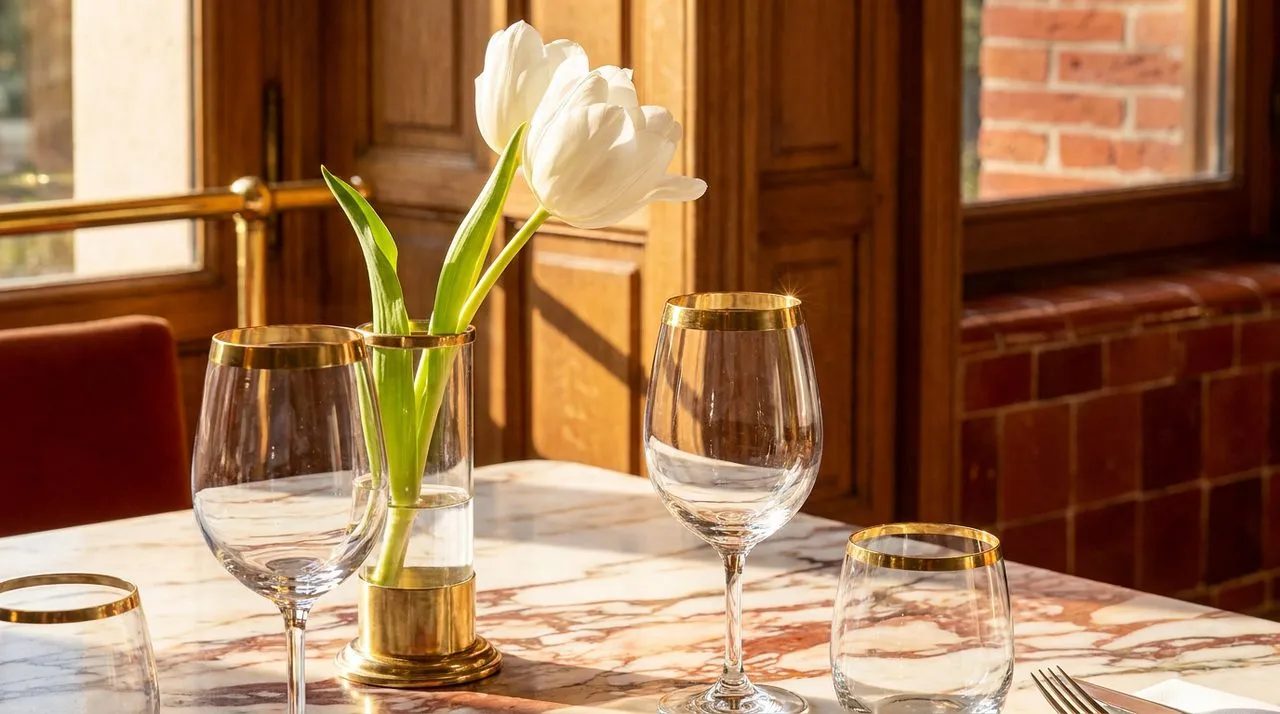 Bright daytime extreme close-up of brass-rim wine glasses on a polished marble table with white tulip centerpiece, soft warm side-light. No people. Photo-realistic editorial 16:9.
