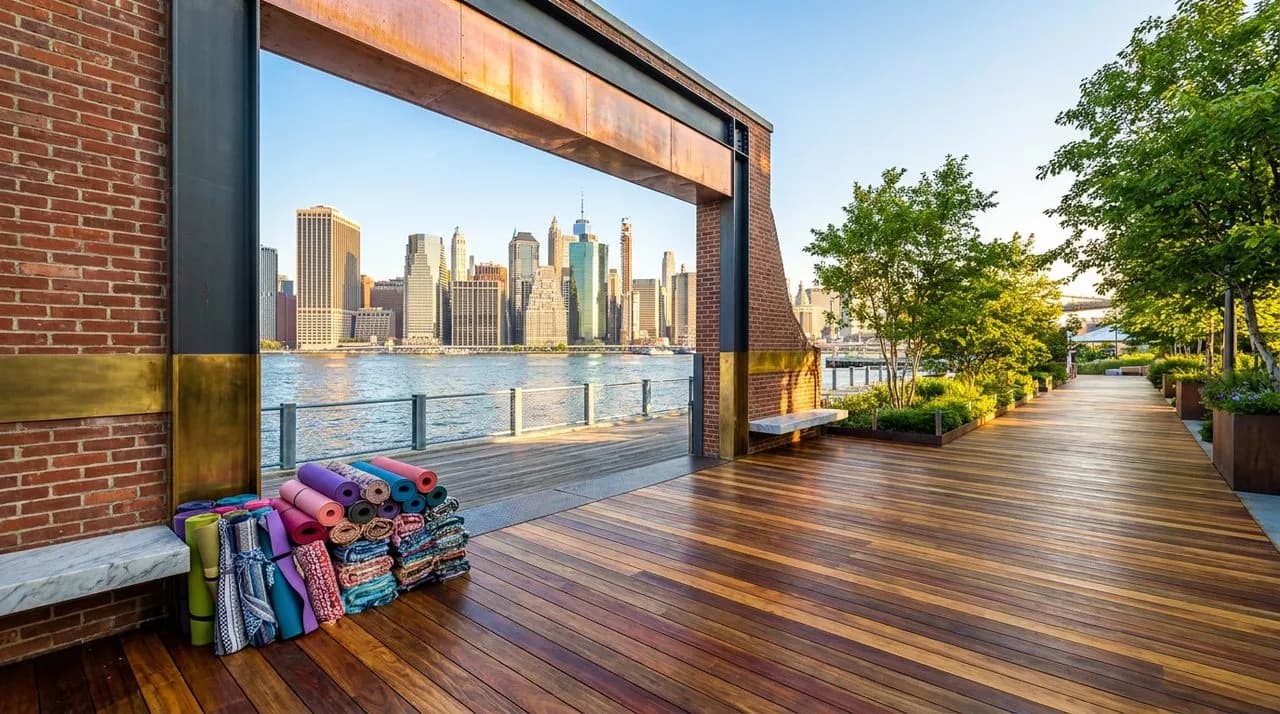 Bright sunny early-morning Brooklyn Bridge Park pier view with polished wood decking, panoramic Manhattan skyline backdrop, rolled-up colorful yoga mats stacked at edge, leafy summer trees, sparkling 