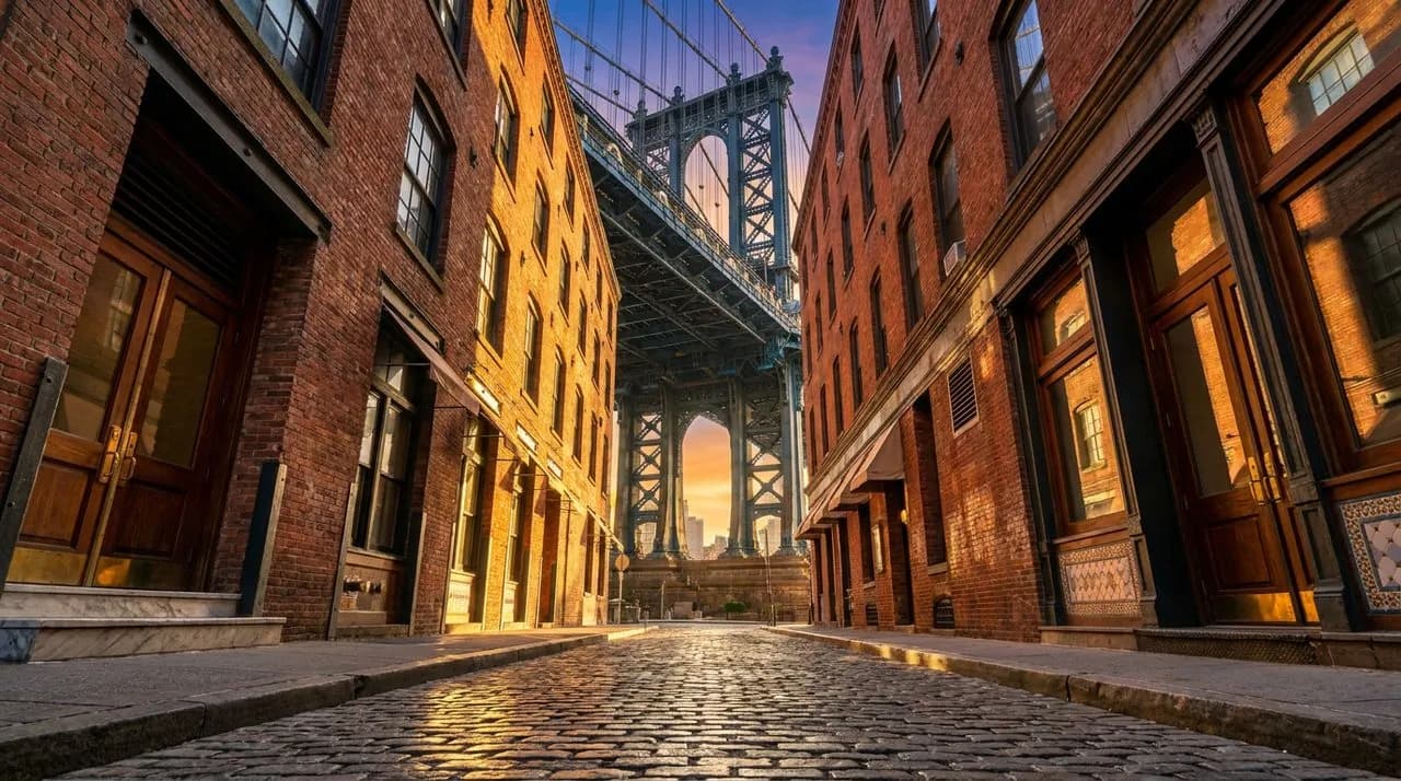 Bright sunny early-evening DUMBO cobblestone street view with the Manhattan Bridge arch framing the scene, weathered red-brick warehouse facades, polished cobblestones, vivid sky transitioning to dusk