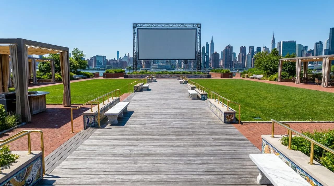 Bright sunny day Greenpoint Transmitter Park waterfront view with weathered grey-wood promenade, panoramic Manhattan midtown skyline, lush green lawn, large movie-screen rigging frame in distance. No 