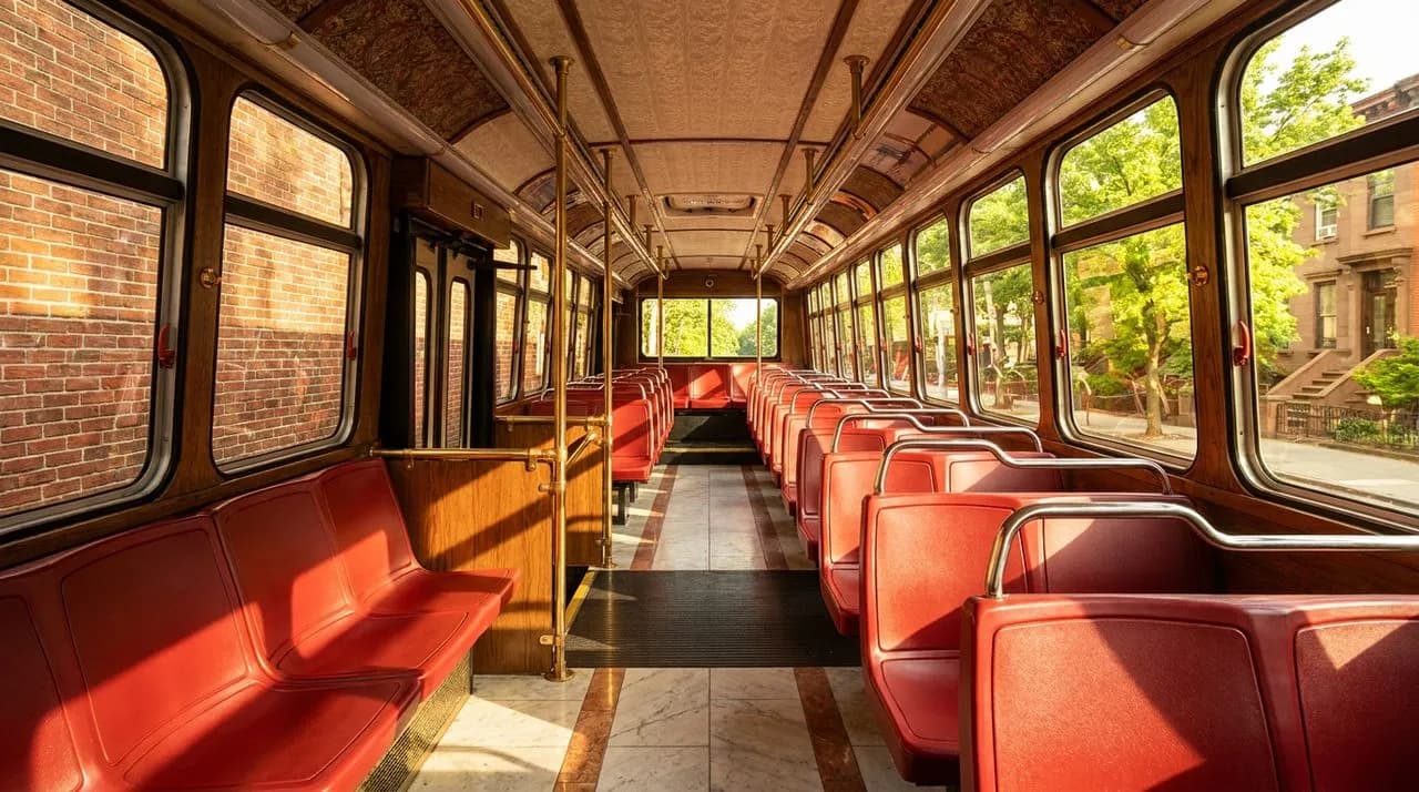 Bright daytime interior of a vintage NYC bus interior with rows of red molded plastic seats, polished chrome handrails, large windows showing leafy Queens street, warm afternoon sun streaming in. No p