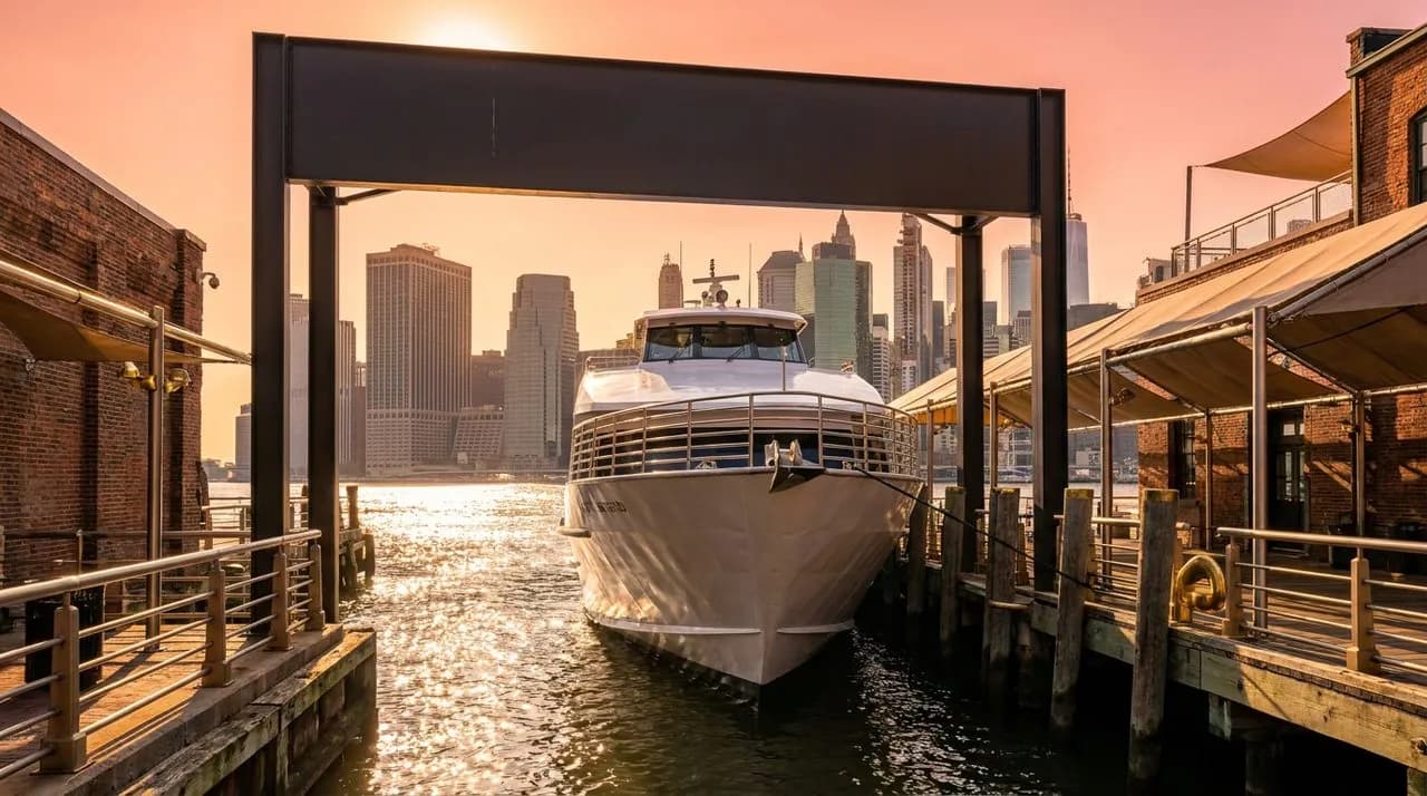 Bright early-evening NYC ferry boat exterior at Pier 11 dock with polished white hull, brushed steel railings, golden-hour Manhattan skyline backdrop sparkling on water, vivid orange and pink sky. No 