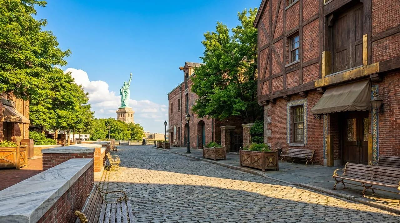 Bright sunny daytime Red Hook waterfront view with weathered cobblestone street, warehouse facades in faded brick, leafy summer trees, panoramic Statue of Liberty in distance, vivid blue sky. No peopl