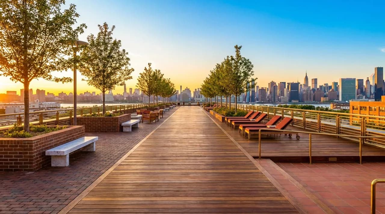 Bright early-evening Williamsburg waterfront view with polished wood promenade, panoramic Manhattan midtown skyline, leafy trees, vivid blue-to-orange sunset sky. No people. Photo-realistic editorial 
