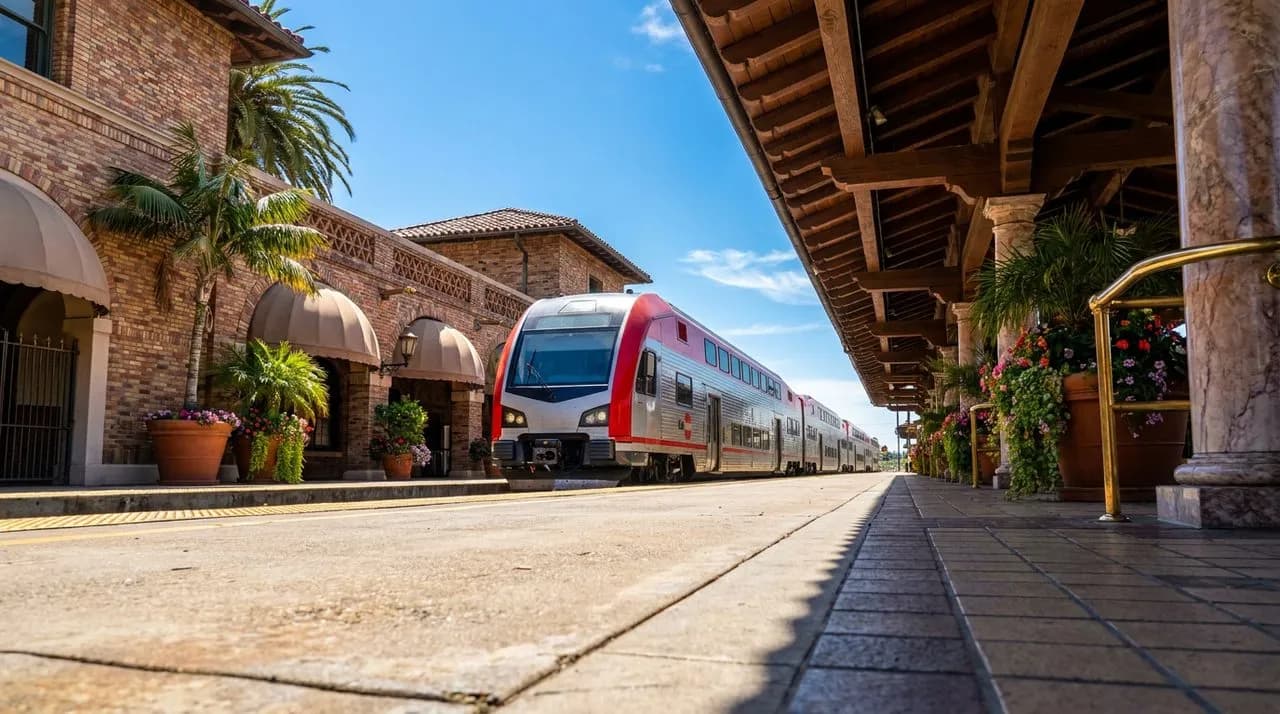 Bright sunny daytime exterior of a Caltrain commuter train pulling into a Burlingame station platform with polished red and silver paneling, weathered concrete platform with white painted edges, leafy