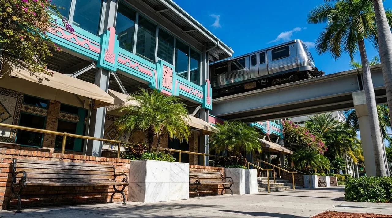 Bright sunny daytime exterior of a Miami Metromover elevated rail car at a Brickell station with polished steel paneling, glass-fronted station, vivid turquoise and pink Art-Deco accents, palm trees, 