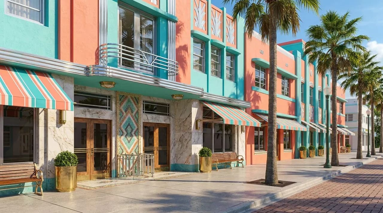 Bright sunny daytime view of a downtown Miami Art-Deco facade with vivid coral and turquoise pastel paint, polished chrome details, leafy palm trees, vivid blue sky, polished concrete sidewalk. No peo