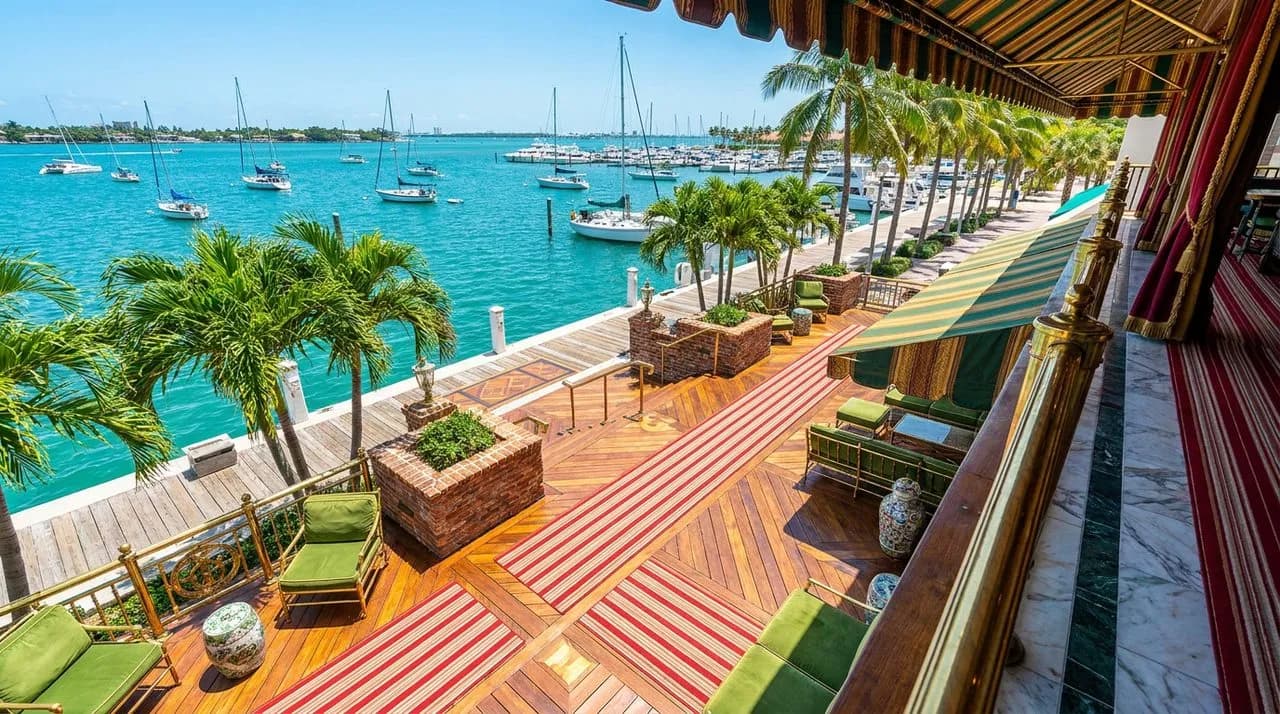 Bright sunny day Bayside waterfront walk with polished wood boardwalk, vivid turquoise Biscayne Bay water, white-hulled sailboats, leafy palms, vivid blue sky. No people. Photo-realistic editorial 16: