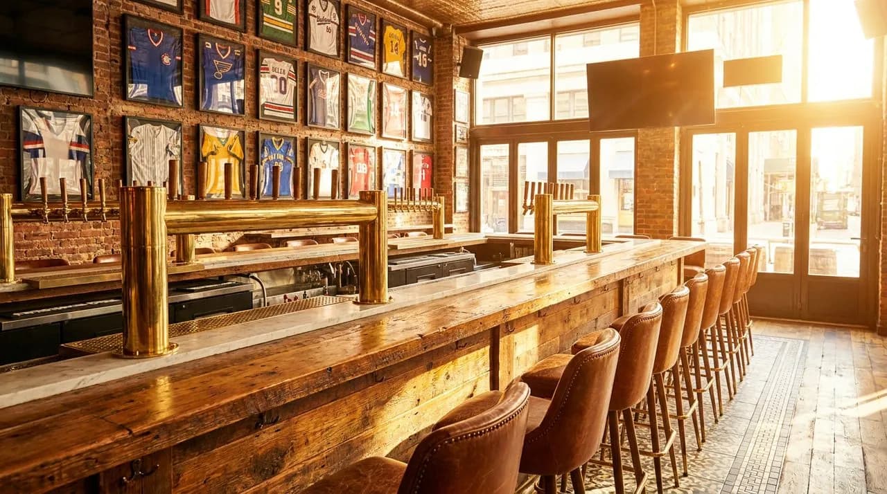 Bright sunny midday NYC midtown sports bar interior, long polished wood bar, brass beer taps, brick wall with framed vintage jerseys, leather stools, large flat screen on far wall, no people, vivid da