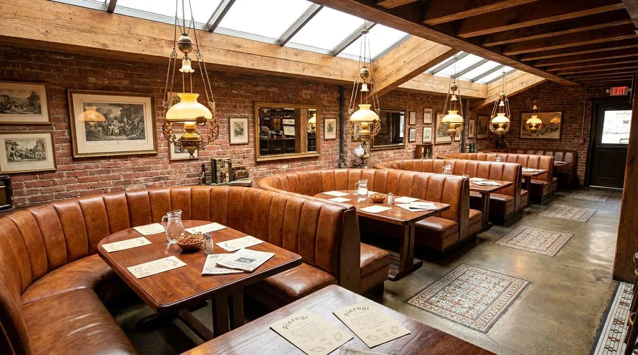 Bright sunny noon overhead view of NYC tavern booth area set for a playoff game, leather booths, menu cards on polished tables, brass pendant lamps, brick wall, polished concrete floor