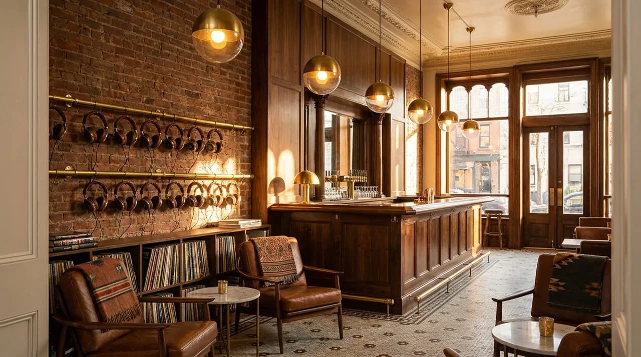 Bright sunny mid-afternoon East Village podcast-listening bar interior, glowing globe pendant lights, walnut paneling, polished wood bar, headphone hook rail along wall, leather lounge chairs, no peop