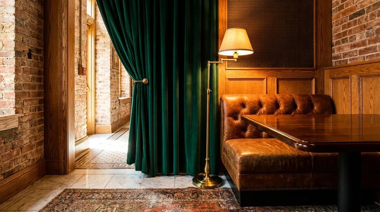 Bright sunny day low-angle view of a private podcast-listening booth, deep emerald velvet curtain pulled aside, single brass reading lamp, leather banquette, polished wood table, soft daylight bounce 