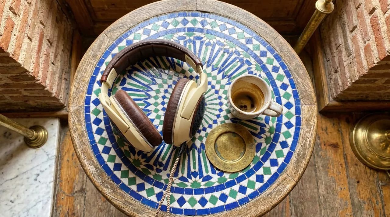 Bright sunny midday overhead detail of a tile-inlaid cafe table in a podcast listening booth, over-ear headphones resting on the table, ceramic espresso cup, brass coaster, vivid pattern detail