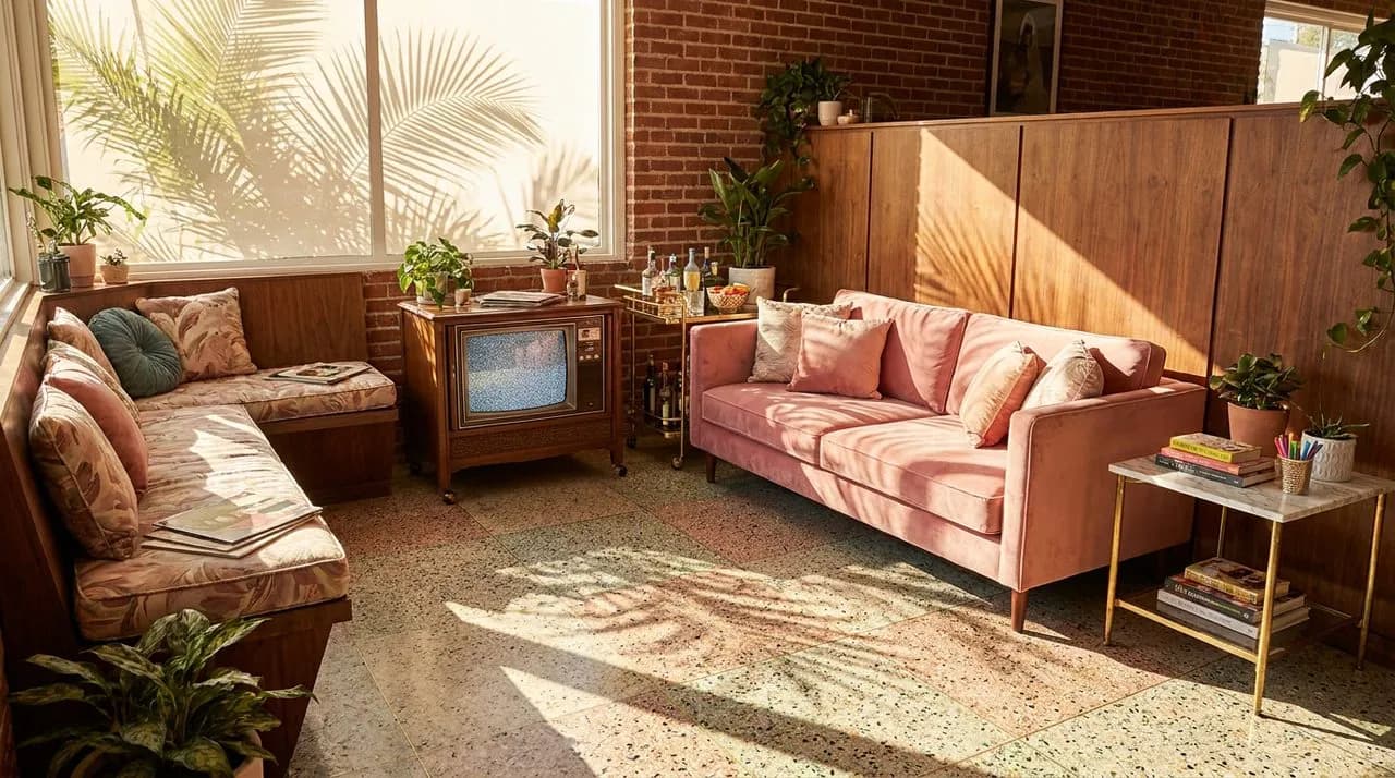Bright sunny LA late-afternoon Silver Lake lounge interior set up for a reunion watch night, pink velvet sofa, vintage console TV on rolling cart, polished brass bar cart, palm shadows on terrazzo flo