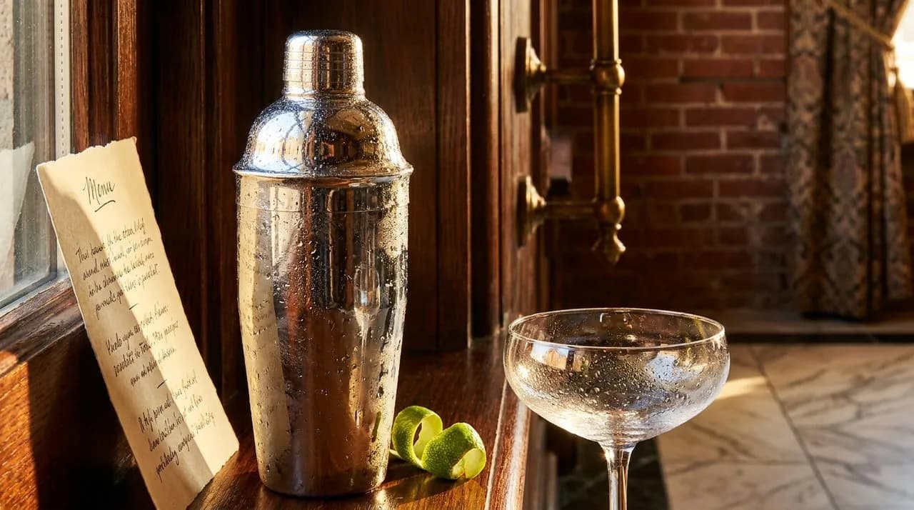 Extreme close-up of a chrome cocktail shaker, handwritten themed menu card, fresh lime peel curl, condensation droplets on a coupe glass, soft afternoon light, polished bar surface
