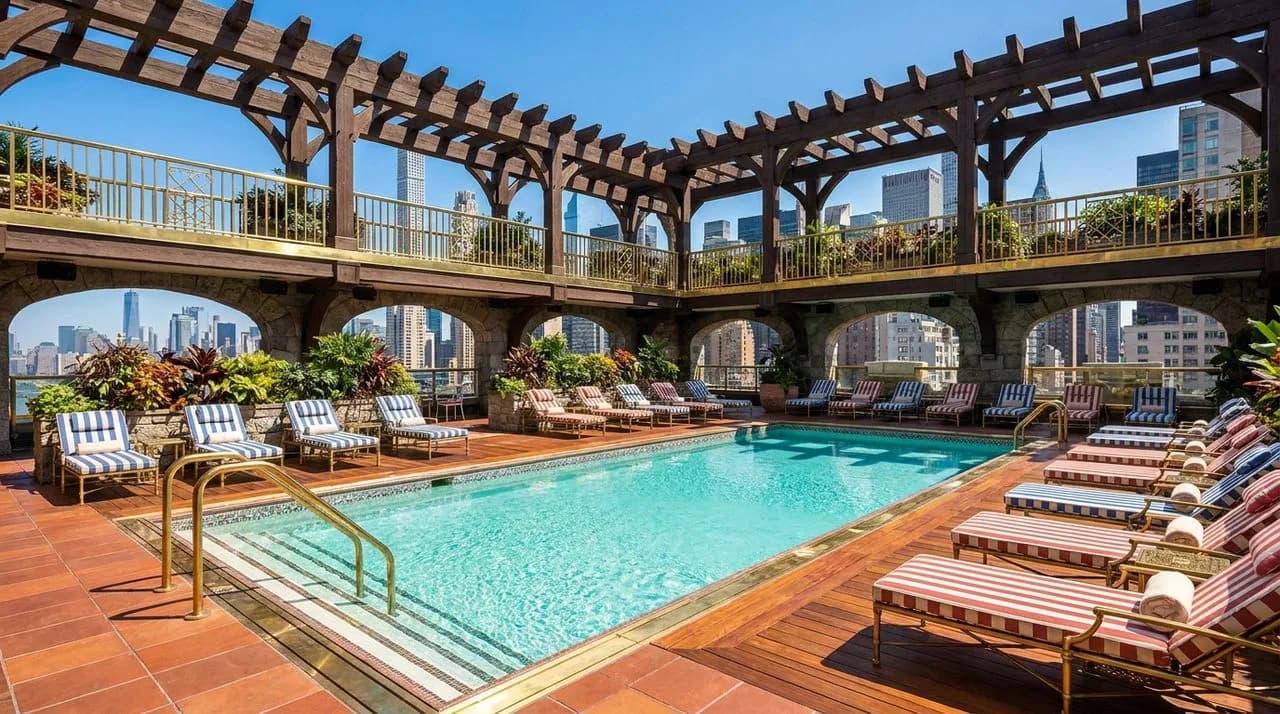 Bright sunny midday NYC midtown hotel rooftop pool deck, clear pool water, striped loungers, polished brass railing, Manhattan skyline backdrop, vivid blue sky, leafy planters, no people