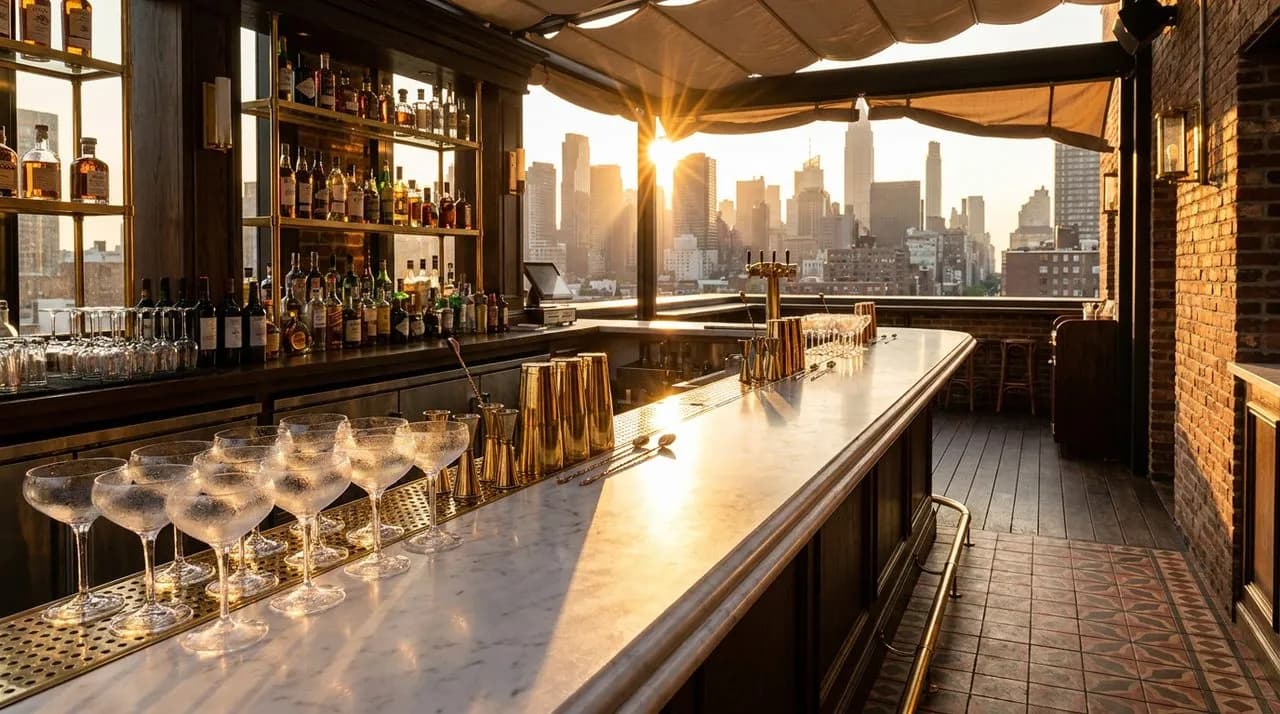 Bright sunny late-afternoon NYC rooftop bar service area, polished marble bar top, rows of chilled coupe glasses, brass shakers, Manhattan skyline silhouette behind, vivid golden light